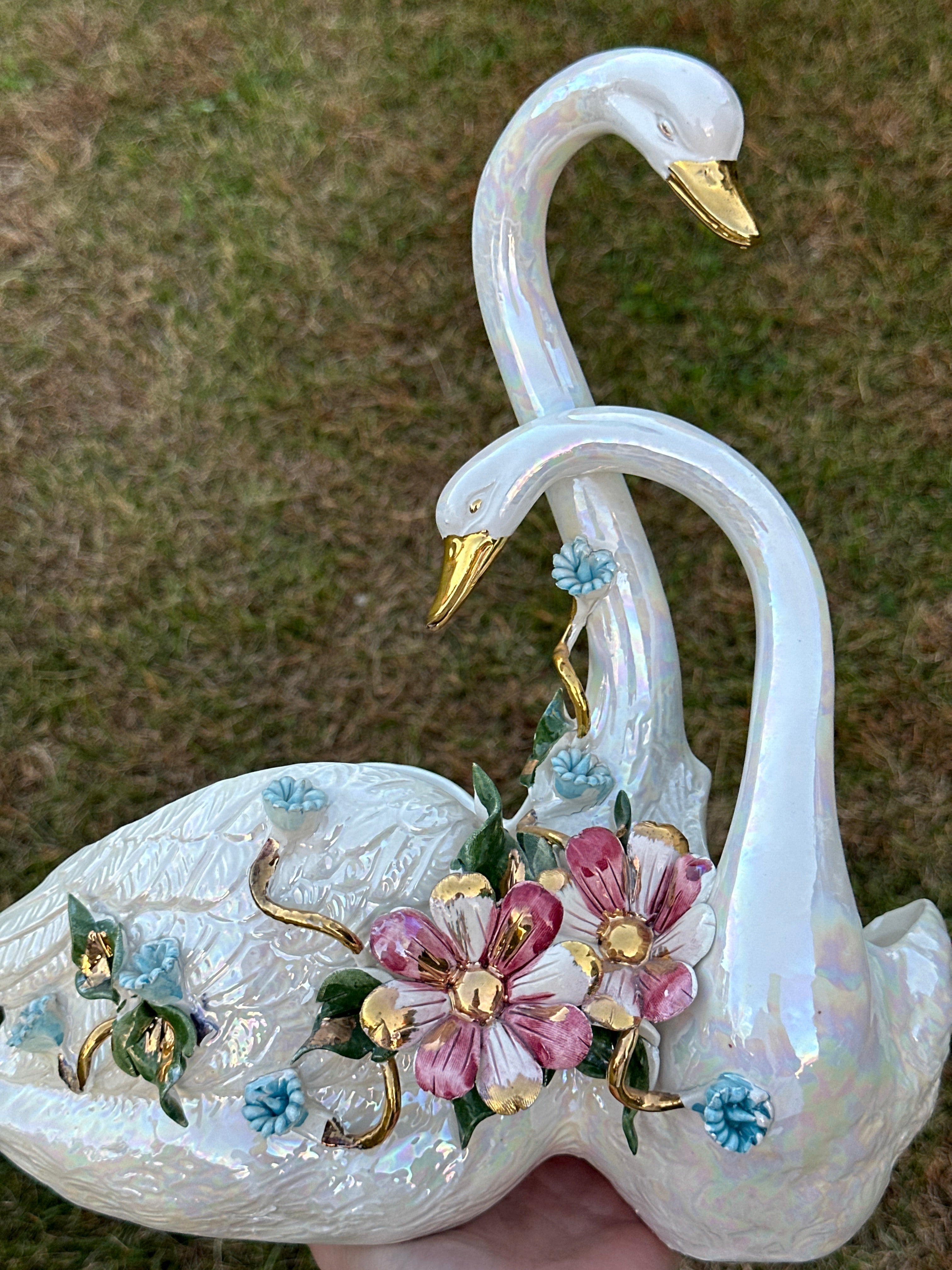 Vintage Iridescent Porcelain Swan Couple Planter with Hand-Painted Floral Details and Gold Trim