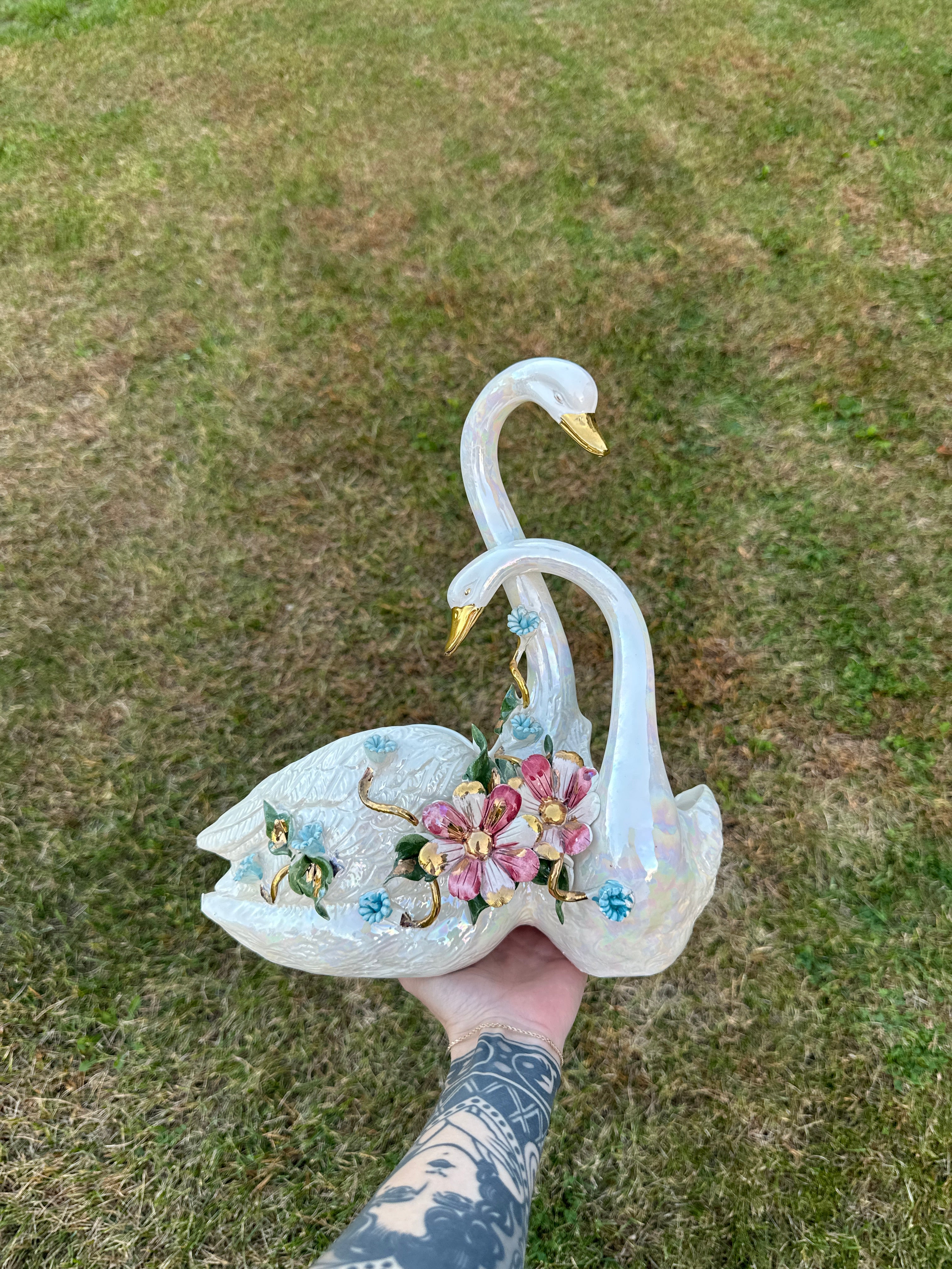 Vintage Iridescent Porcelain Swan Couple Planter with Hand-Painted Floral Details and Gold Trim