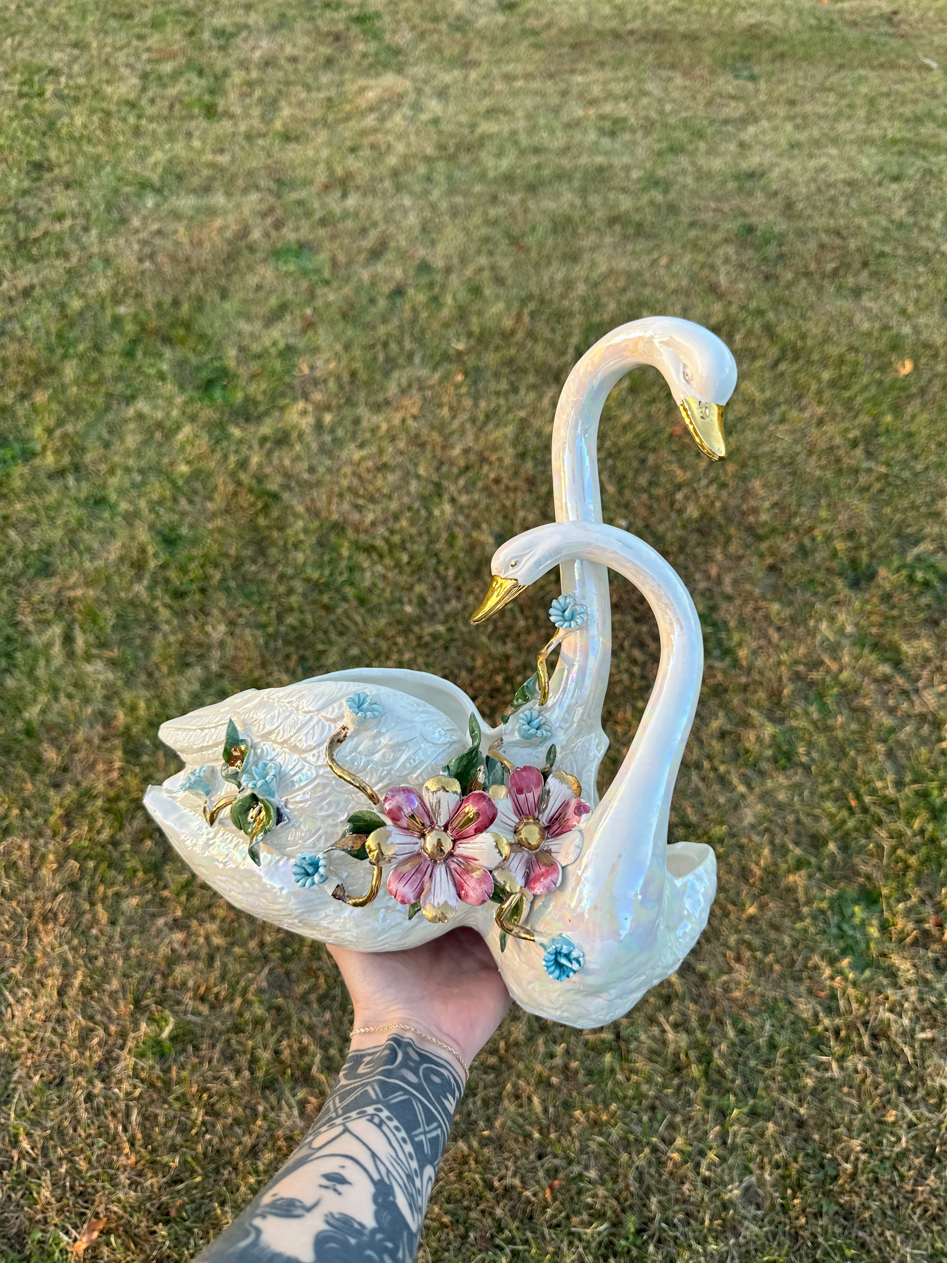 Vintage Iridescent Porcelain Swan Couple Planter with Hand-Painted Floral Details and Gold Trim
