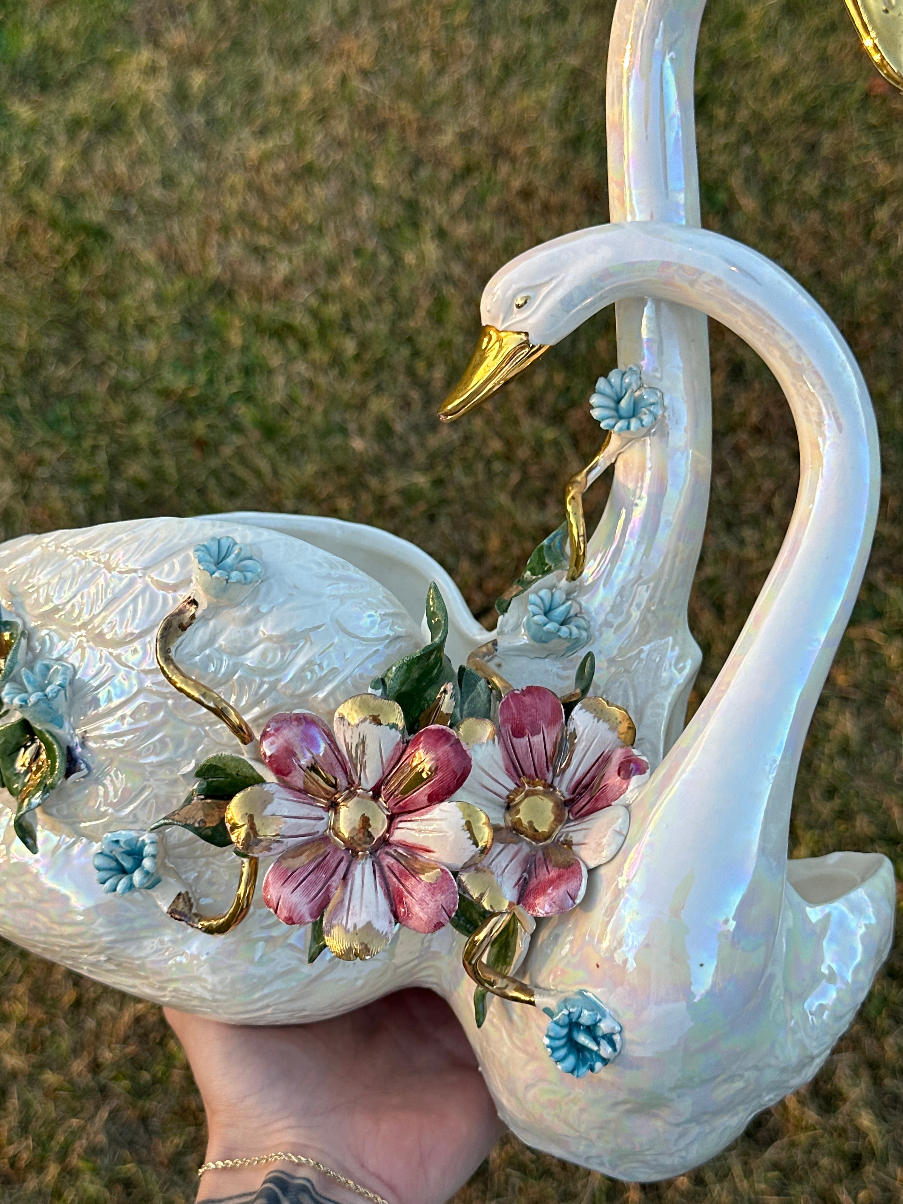 Vintage Iridescent Porcelain Swan Couple Planter with Hand-Painted Floral Details and Gold Trim