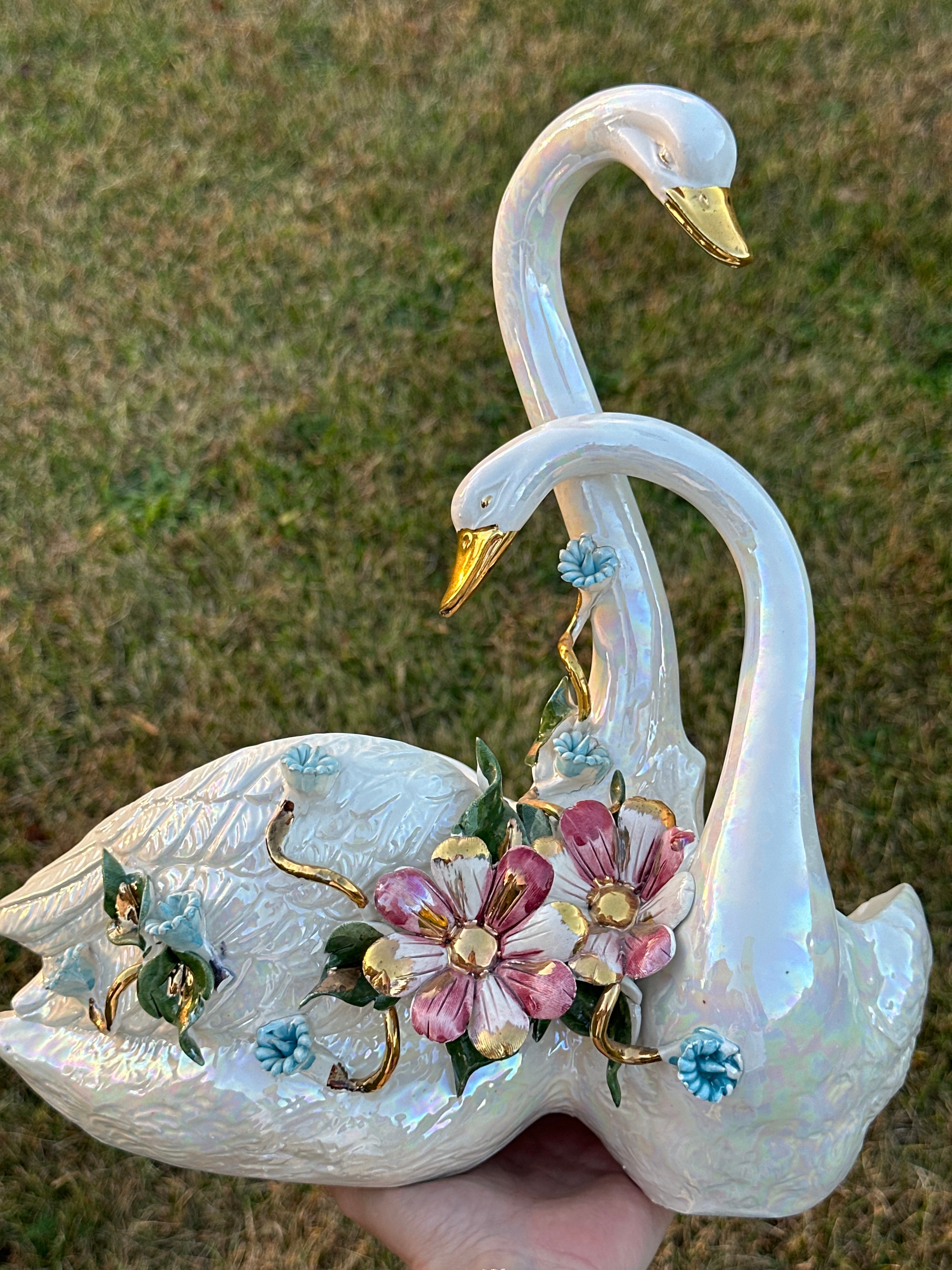 Vintage Iridescent Porcelain Swan Couple Planter with Hand-Painted Floral Details and Gold Trim
