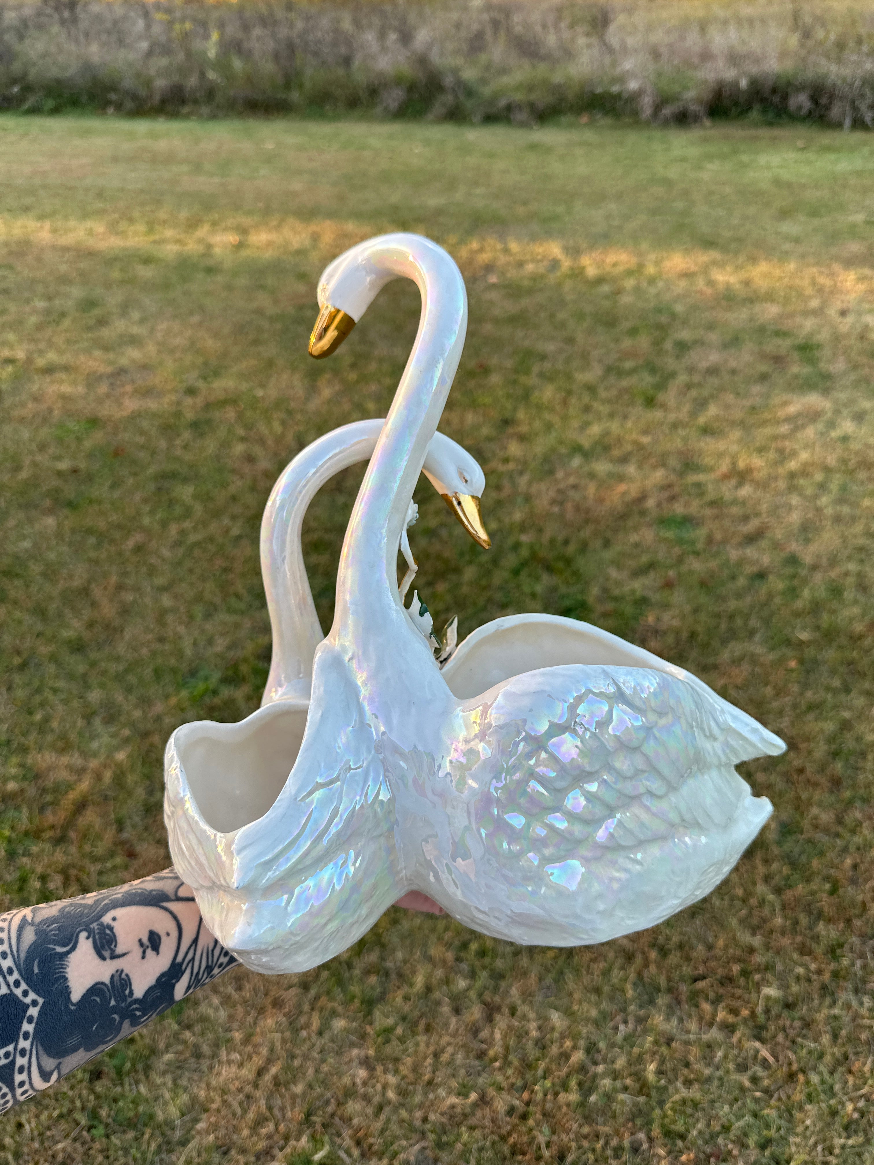 Vintage Iridescent Porcelain Swan Couple Planter with Hand-Painted Floral Details and Gold Trim