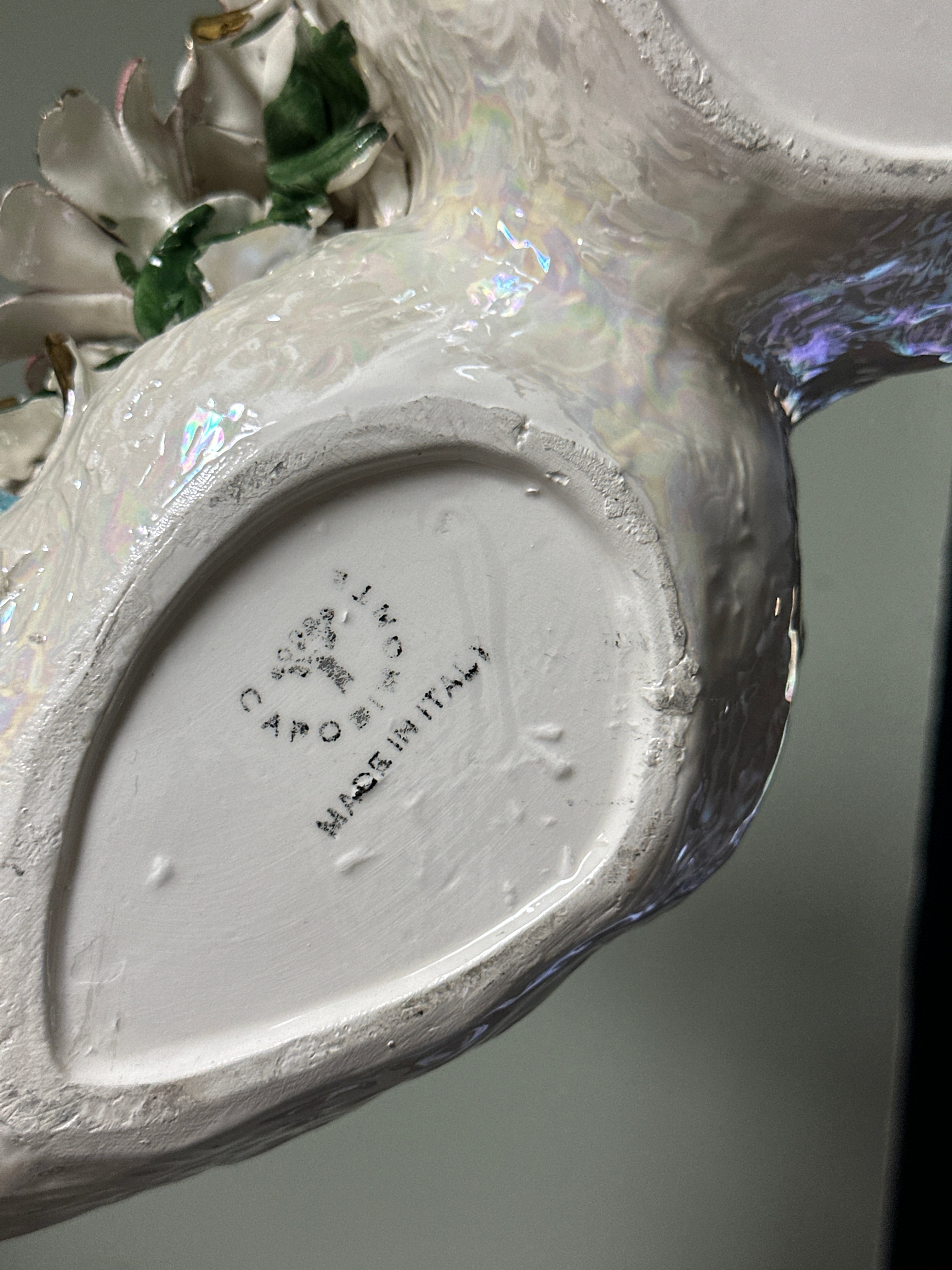 Vintage Iridescent Porcelain Swan Couple Planter with Hand-Painted Floral Details and Gold Trim