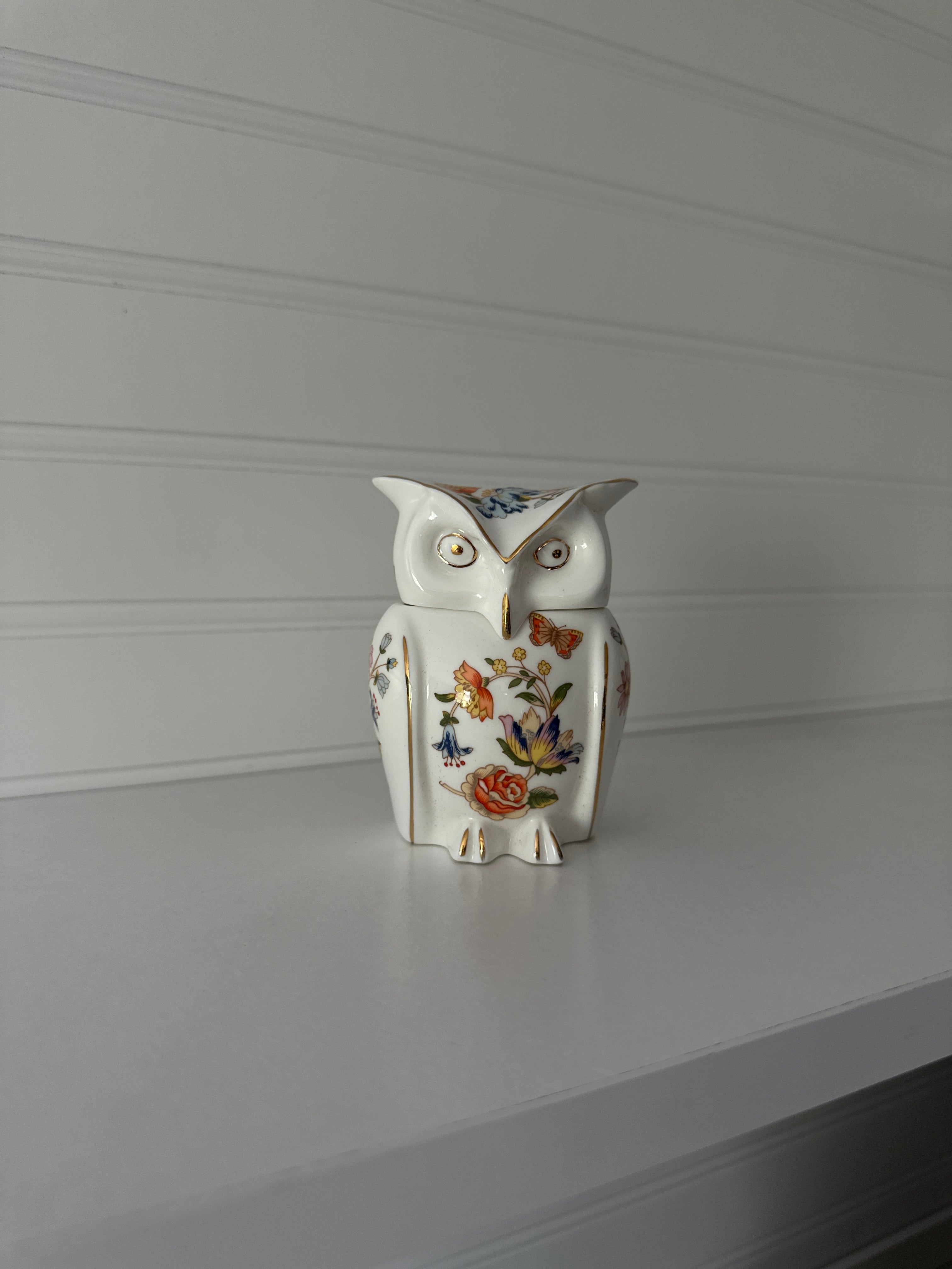 Vintage Porcelain Owl Figurine with Floral & Gold Detail