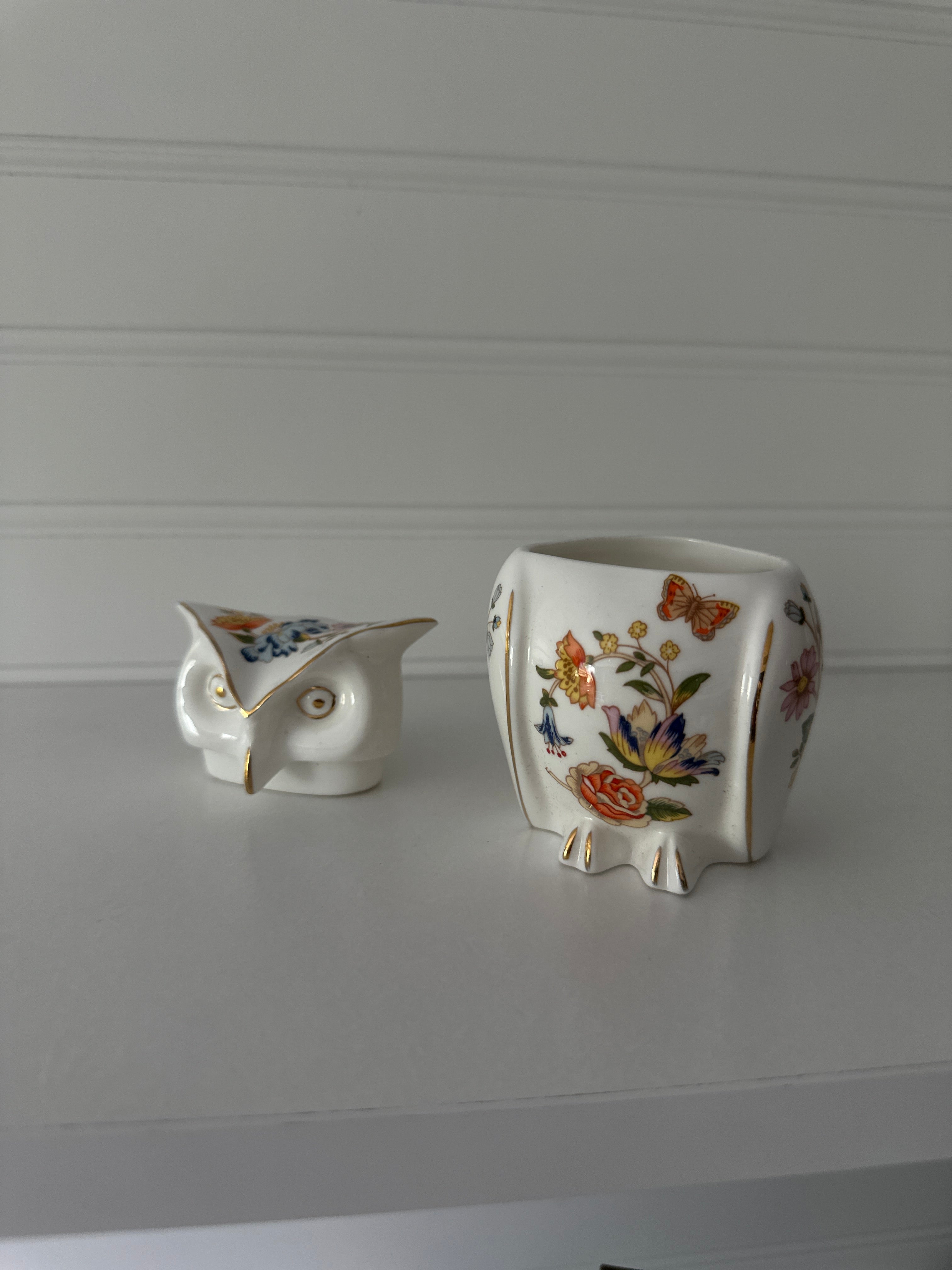 Vintage Porcelain Owl Figurine with Floral & Gold Detail