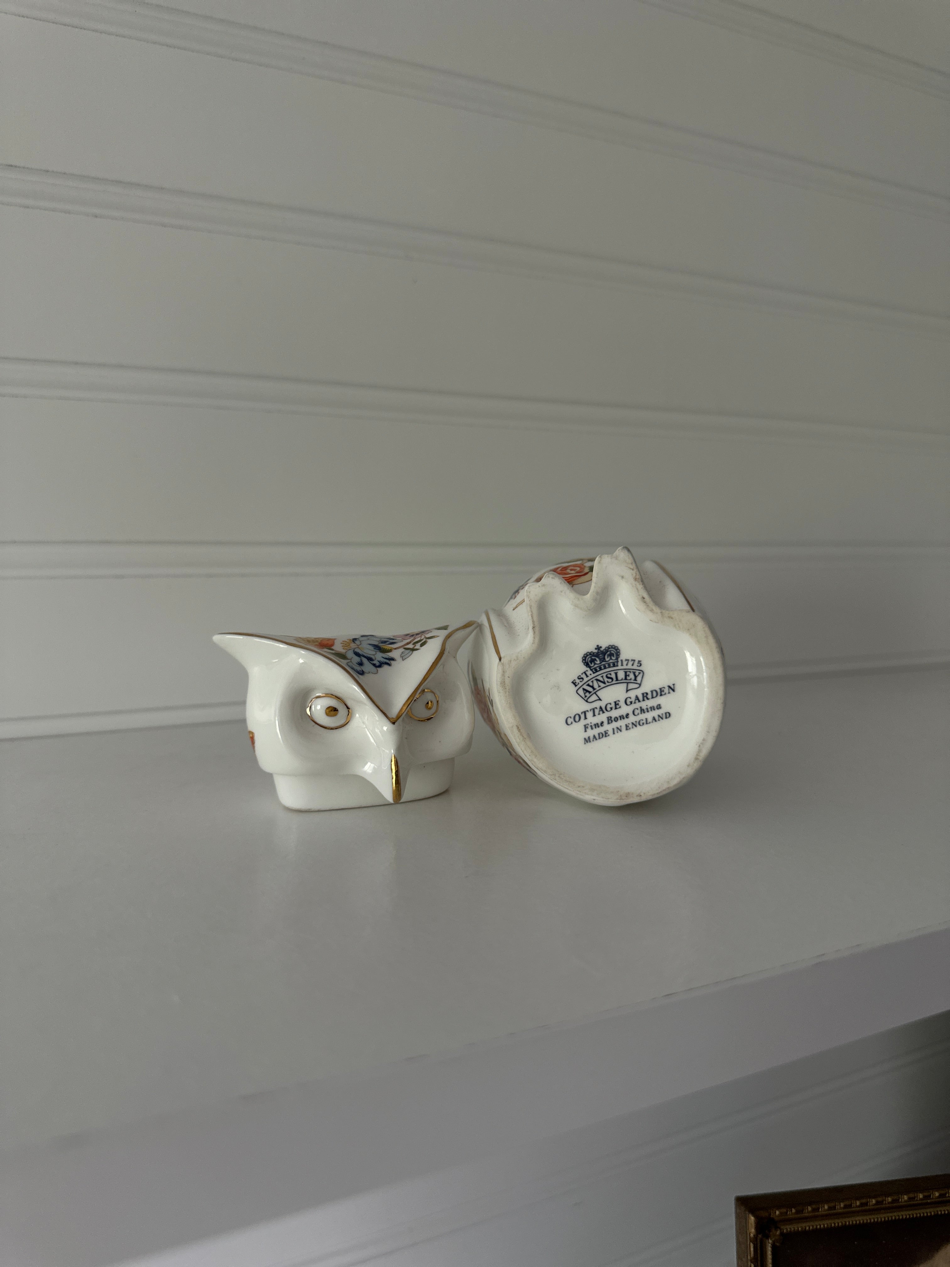 Vintage Porcelain Owl Figurine with Floral & Gold Detail