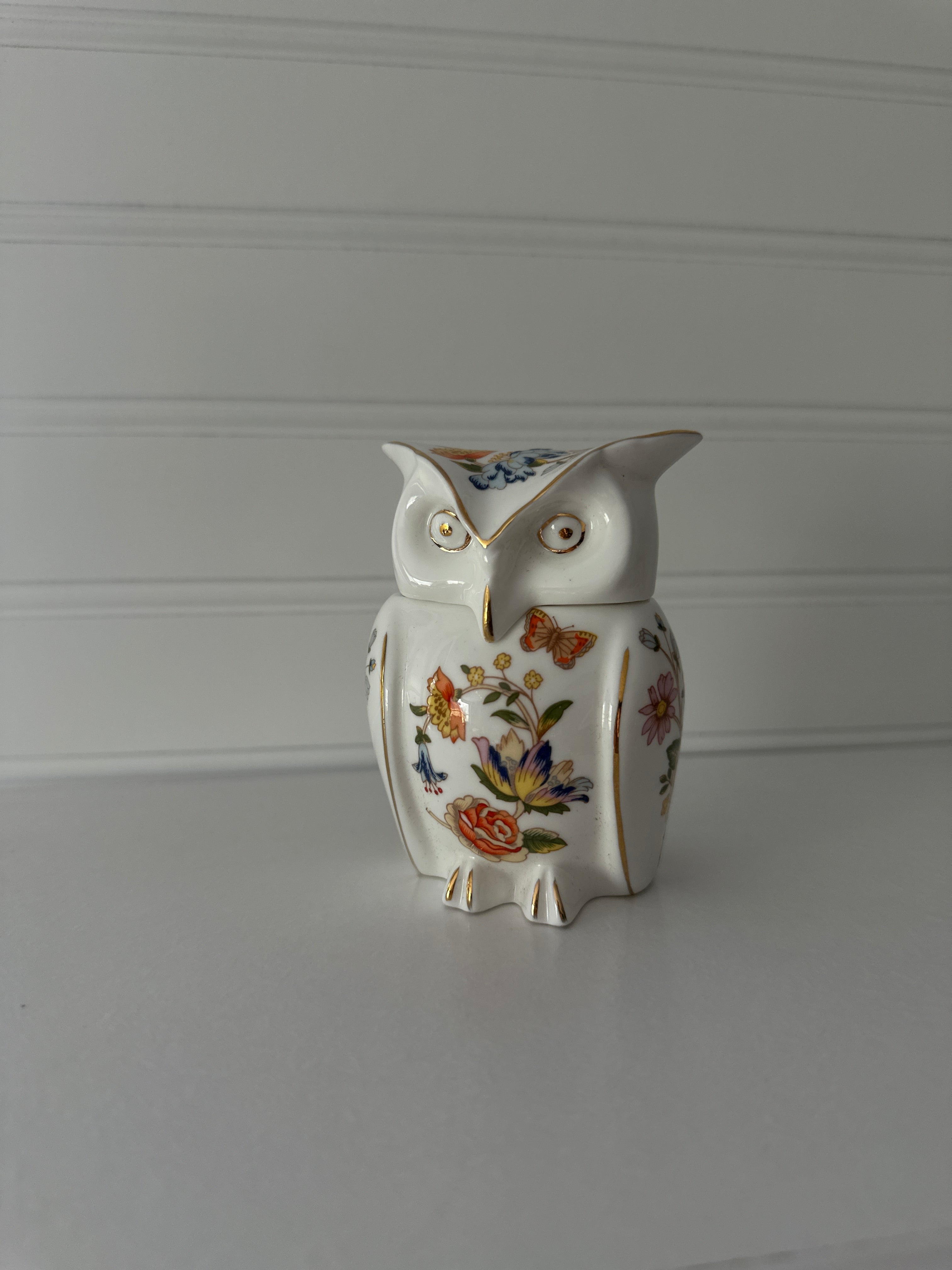 Vintage Porcelain Owl Figurine with Floral & Gold Detail