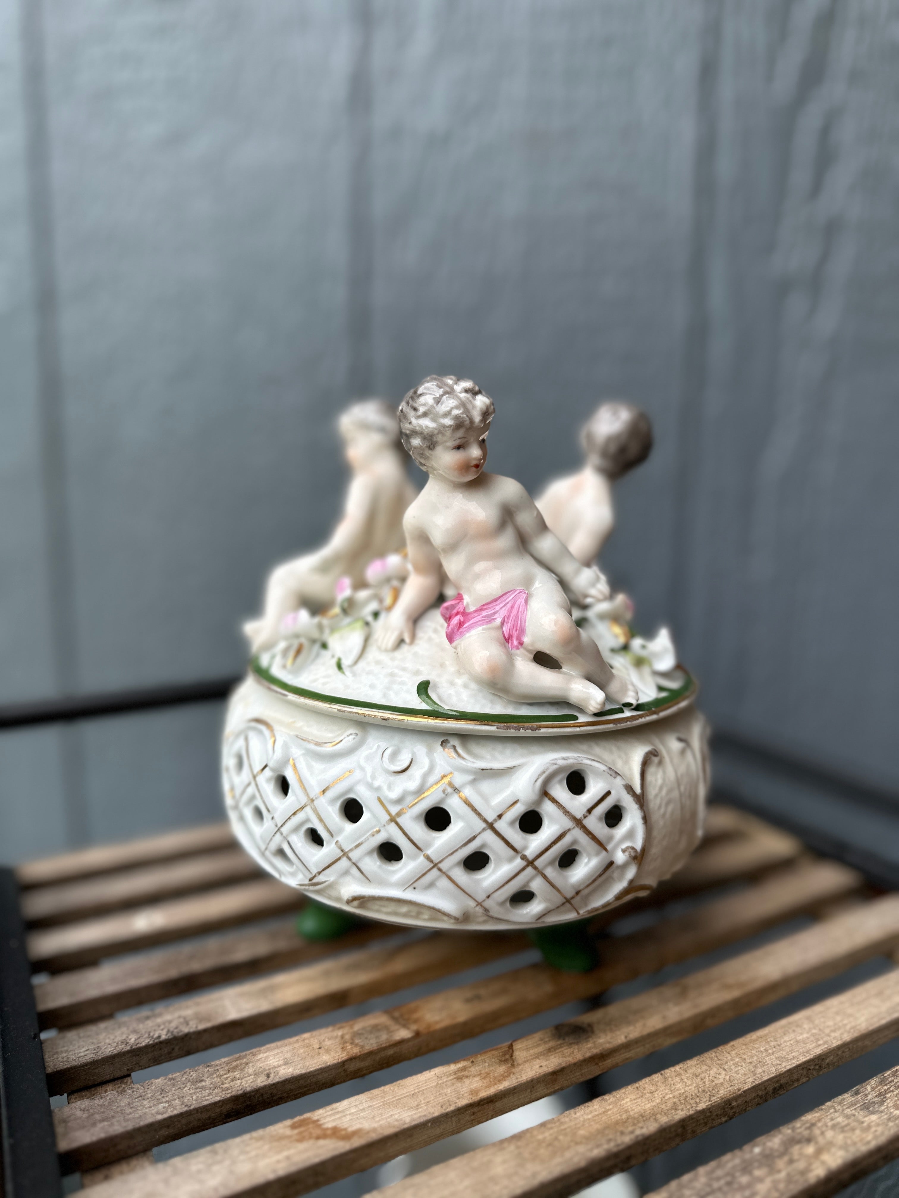 Cherub Trinket Vintage Porcelain Box with Floral Detail