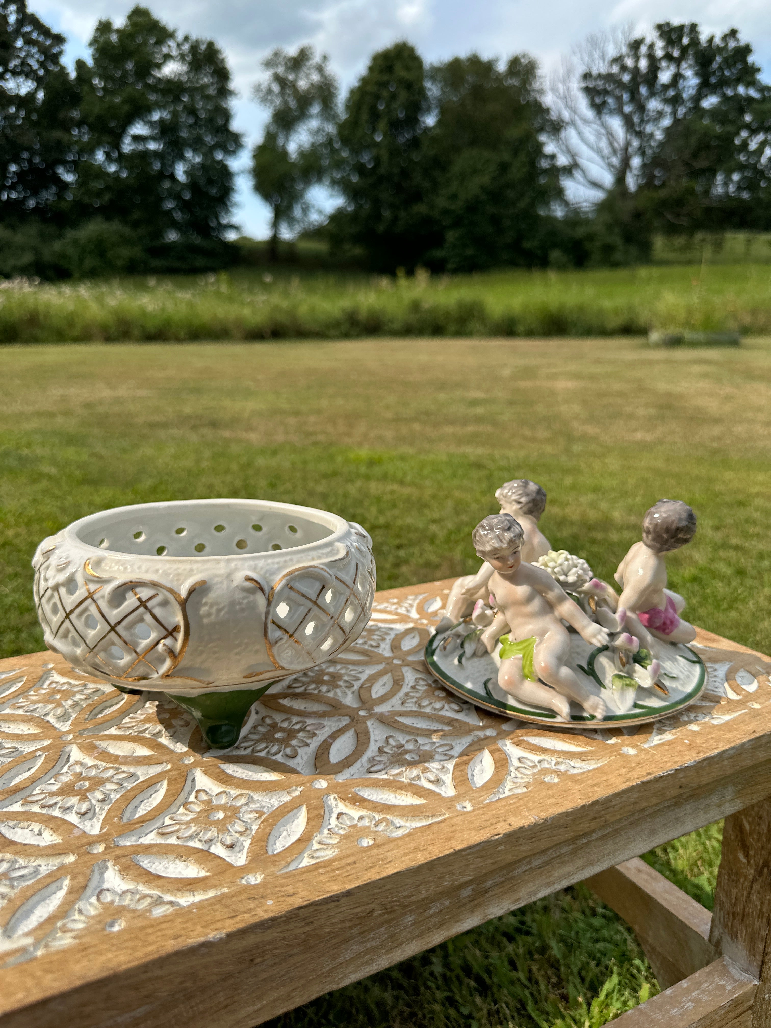 Cherub Trinket Vintage Porcelain Box with Floral Detail