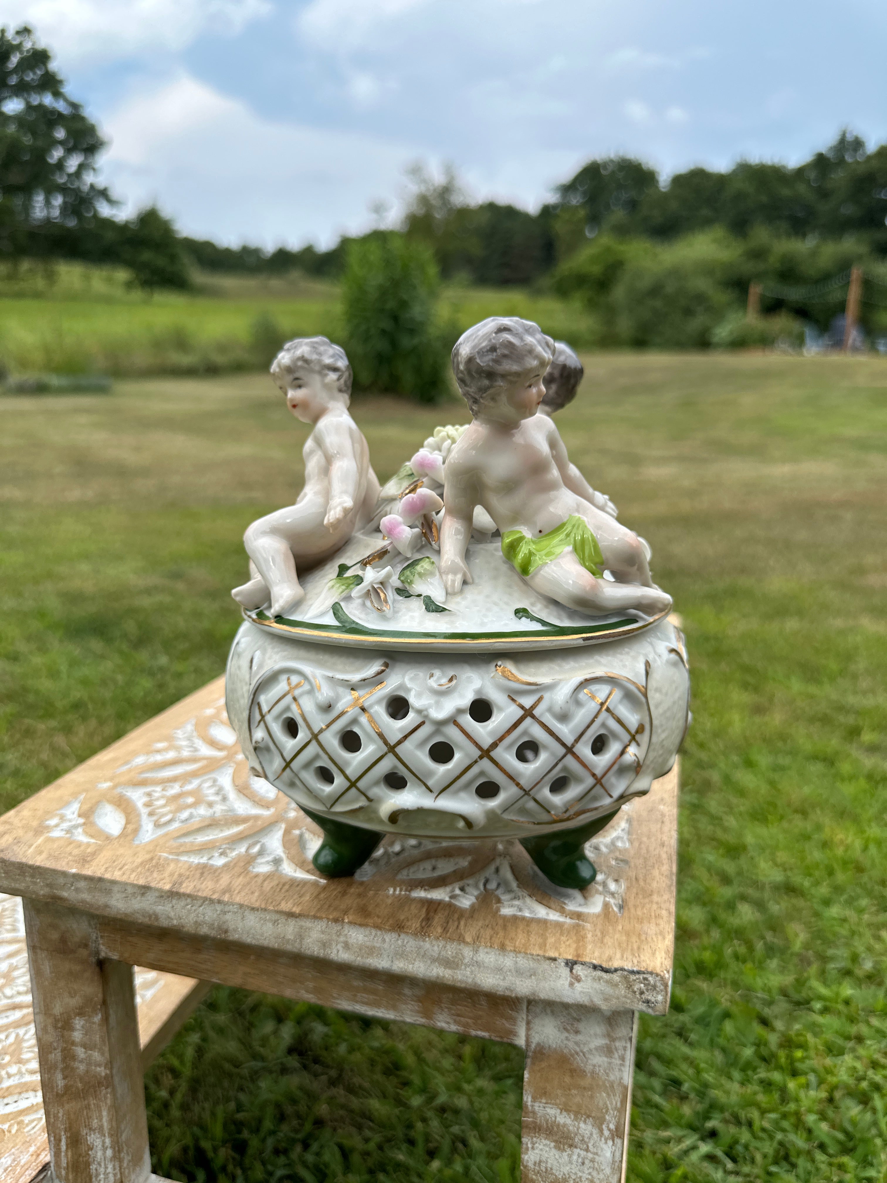 Cherub Trinket Vintage Porcelain Box with Floral Detail