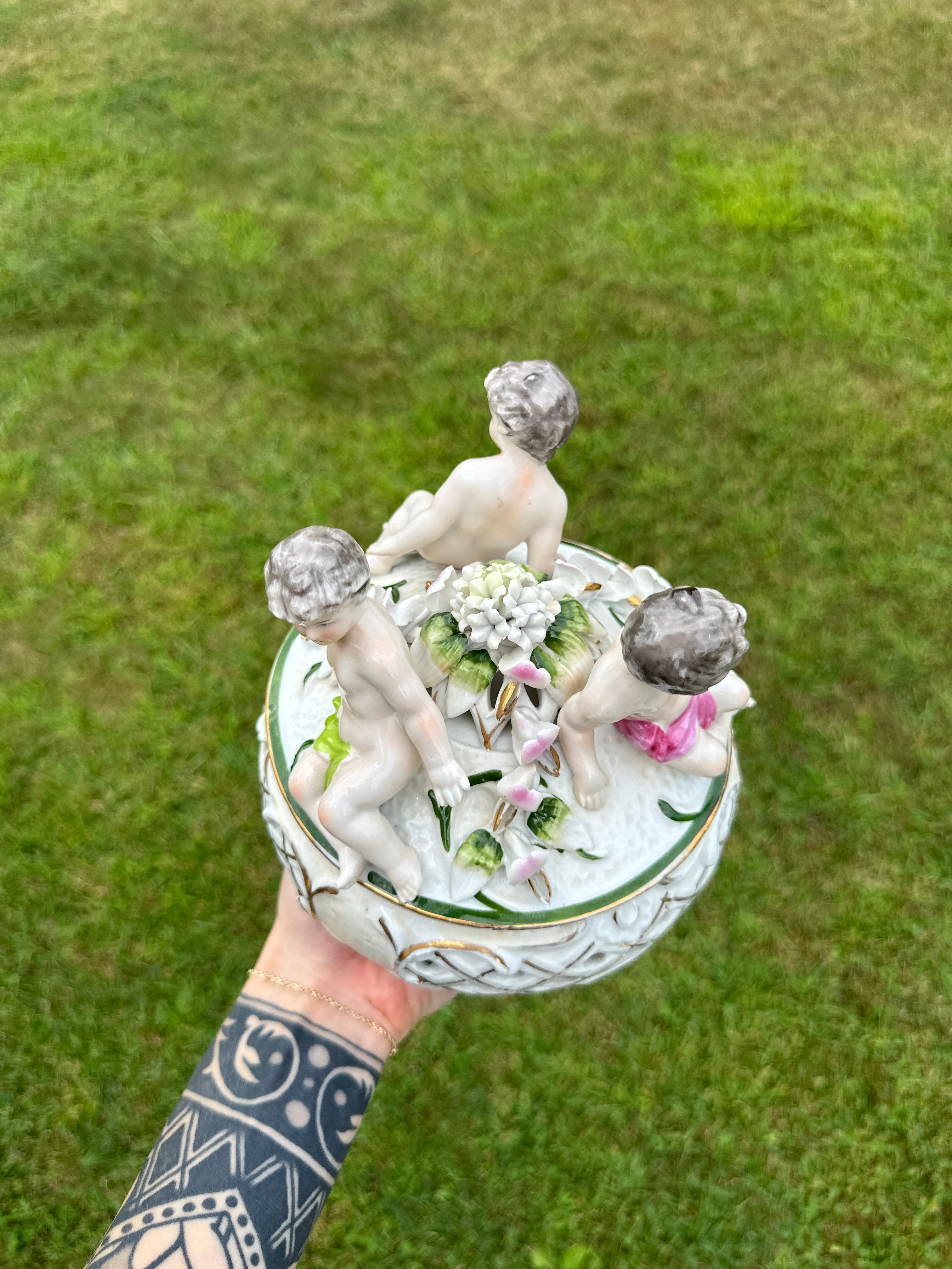 Cherub Trinket Vintage Porcelain Box with Floral Detail
