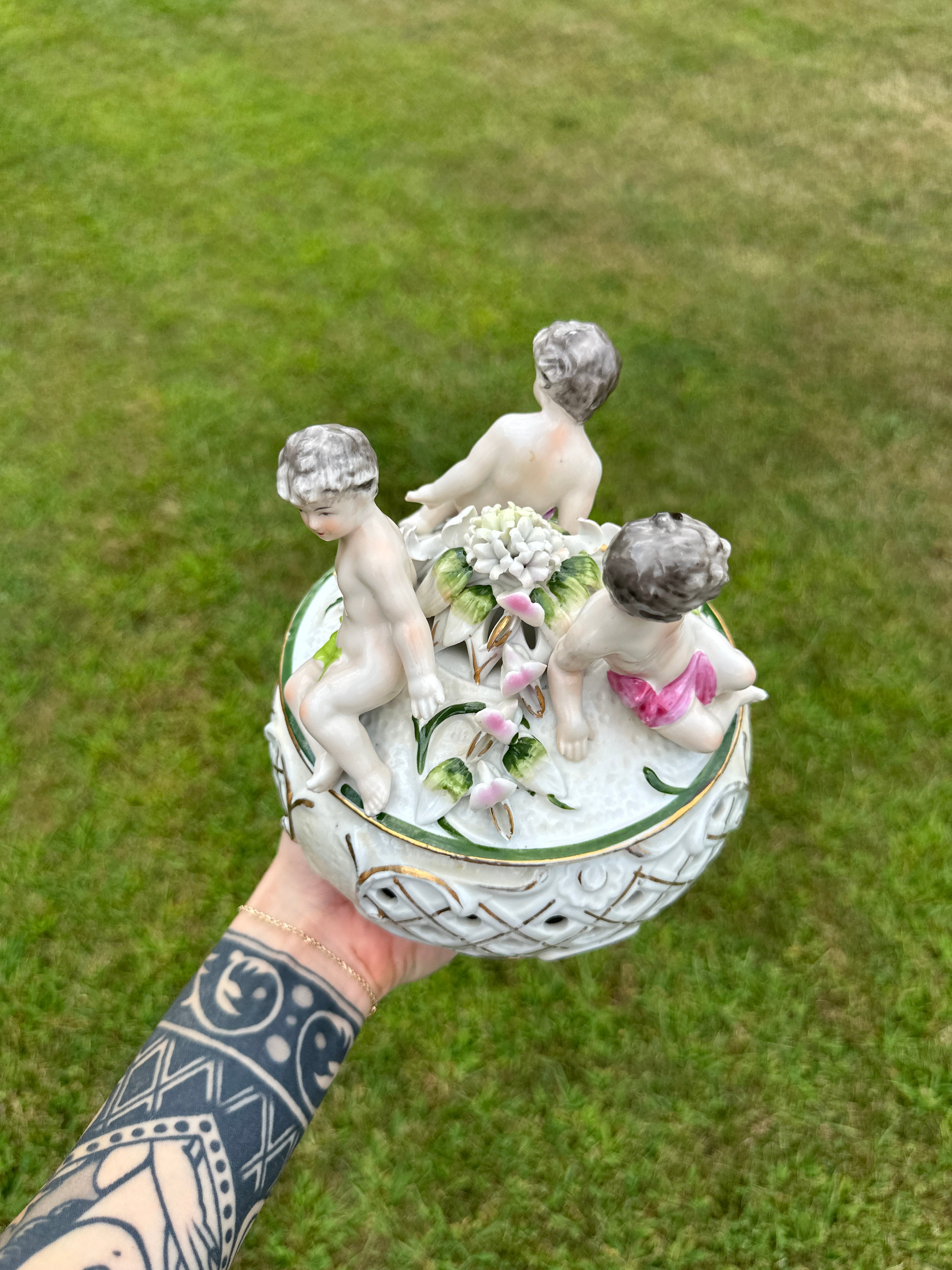 Cherub Trinket Vintage Porcelain Box with Floral Detail