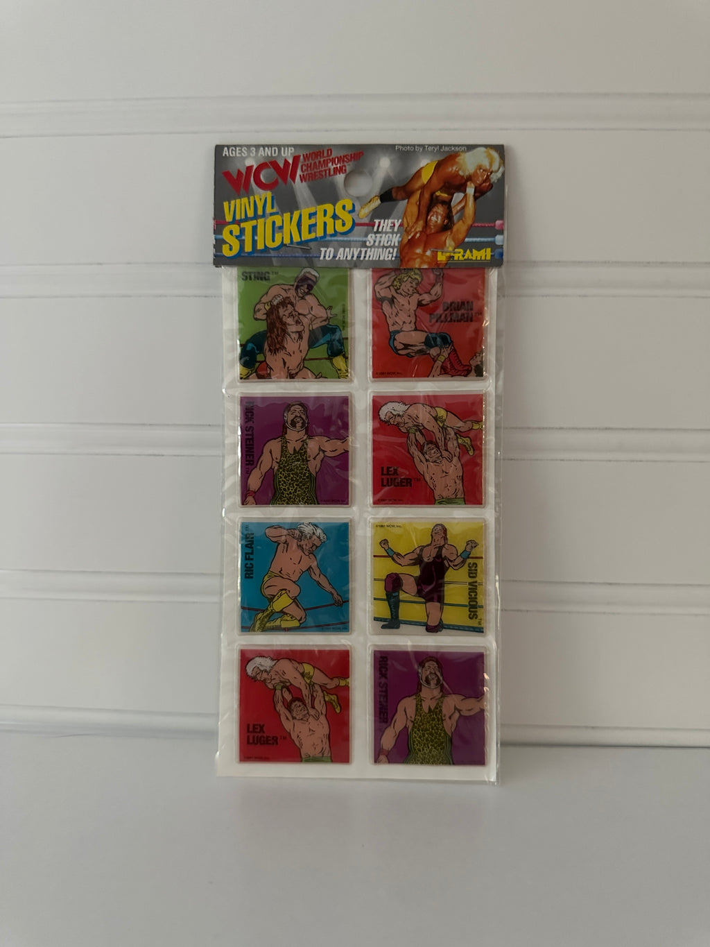 Vintage WCW Vinyl Wrestling Stickers – 8-Pack Featuring Sting, Ric Flair, Lex Luger, and More