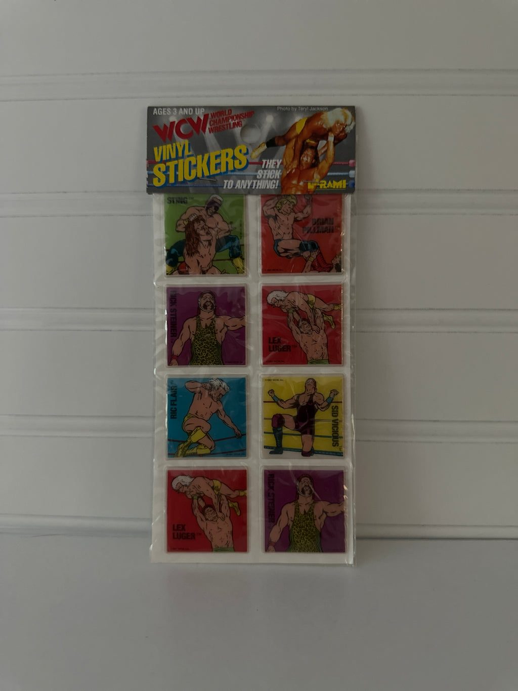 Vintage WCW Vinyl Wrestling Stickers – 8-Pack Featuring Sting, Ric Flair, Lex Luger, and More