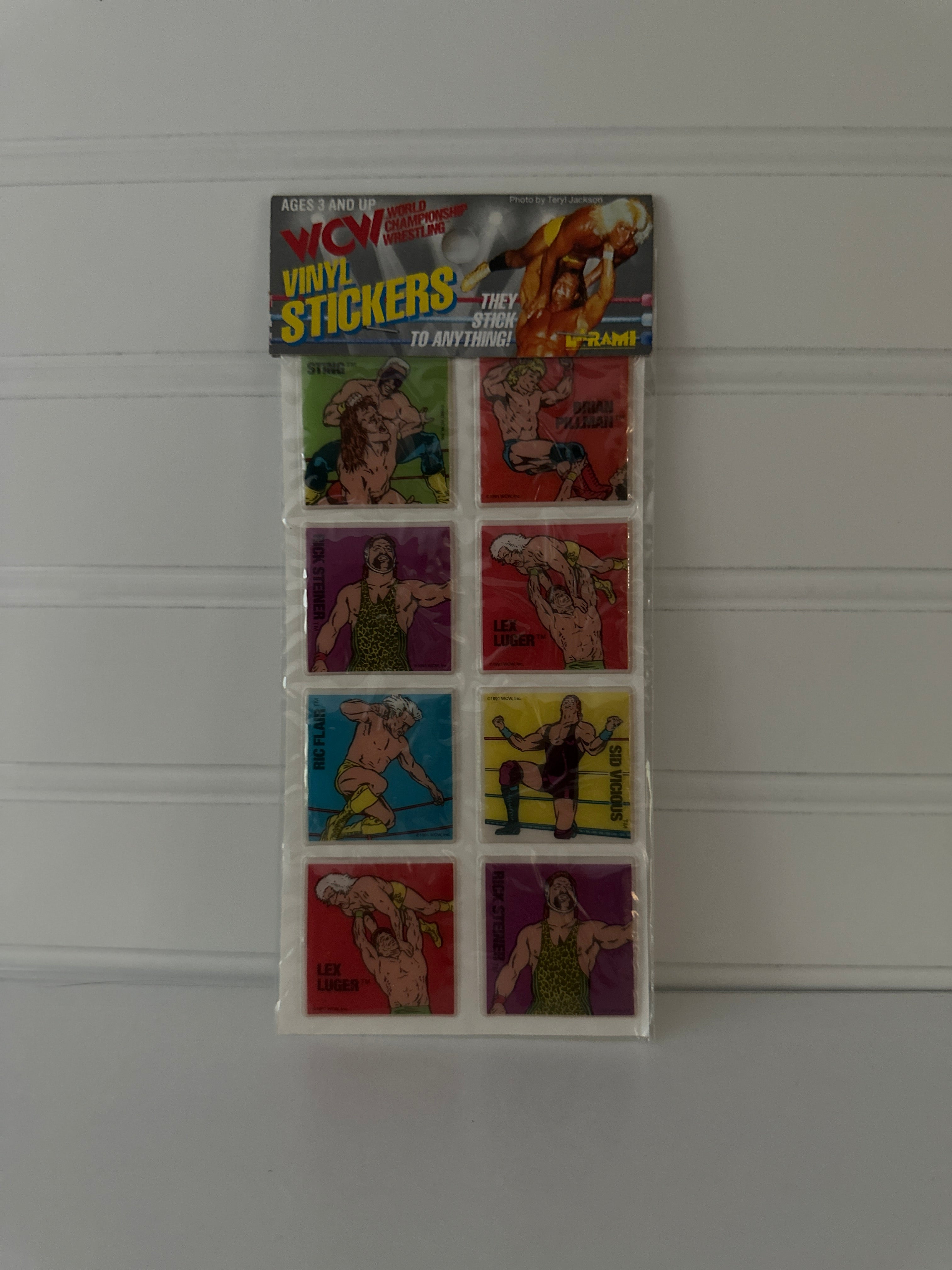 Vintage WCW Vinyl Wrestling Stickers – 8-Pack Featuring Sting, Ric Flair, Lex Luger, and More