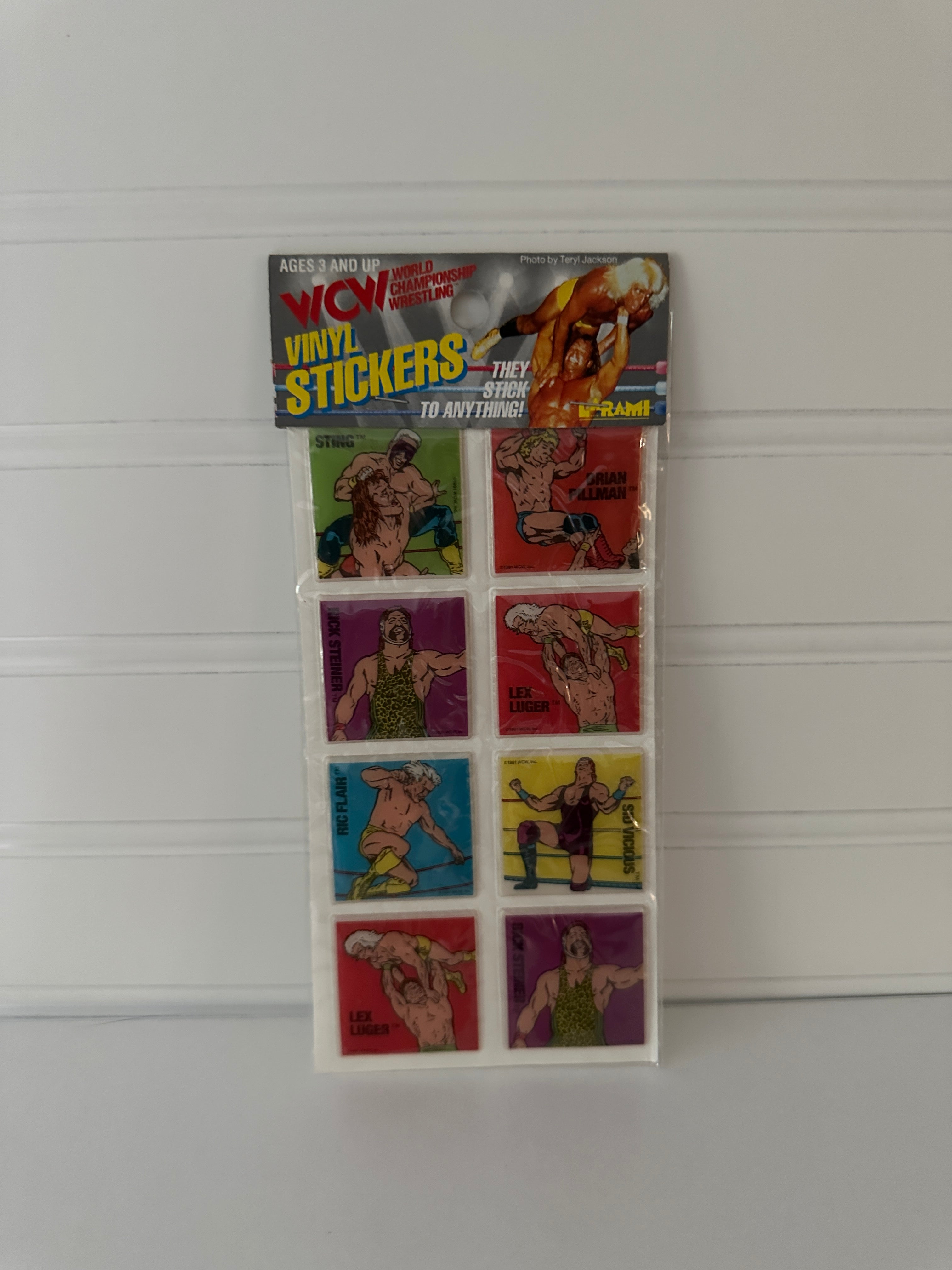 Vintage WCW Vinyl Wrestling Stickers – 8-Pack Featuring Sting, Ric Flair, Lex Luger, and More