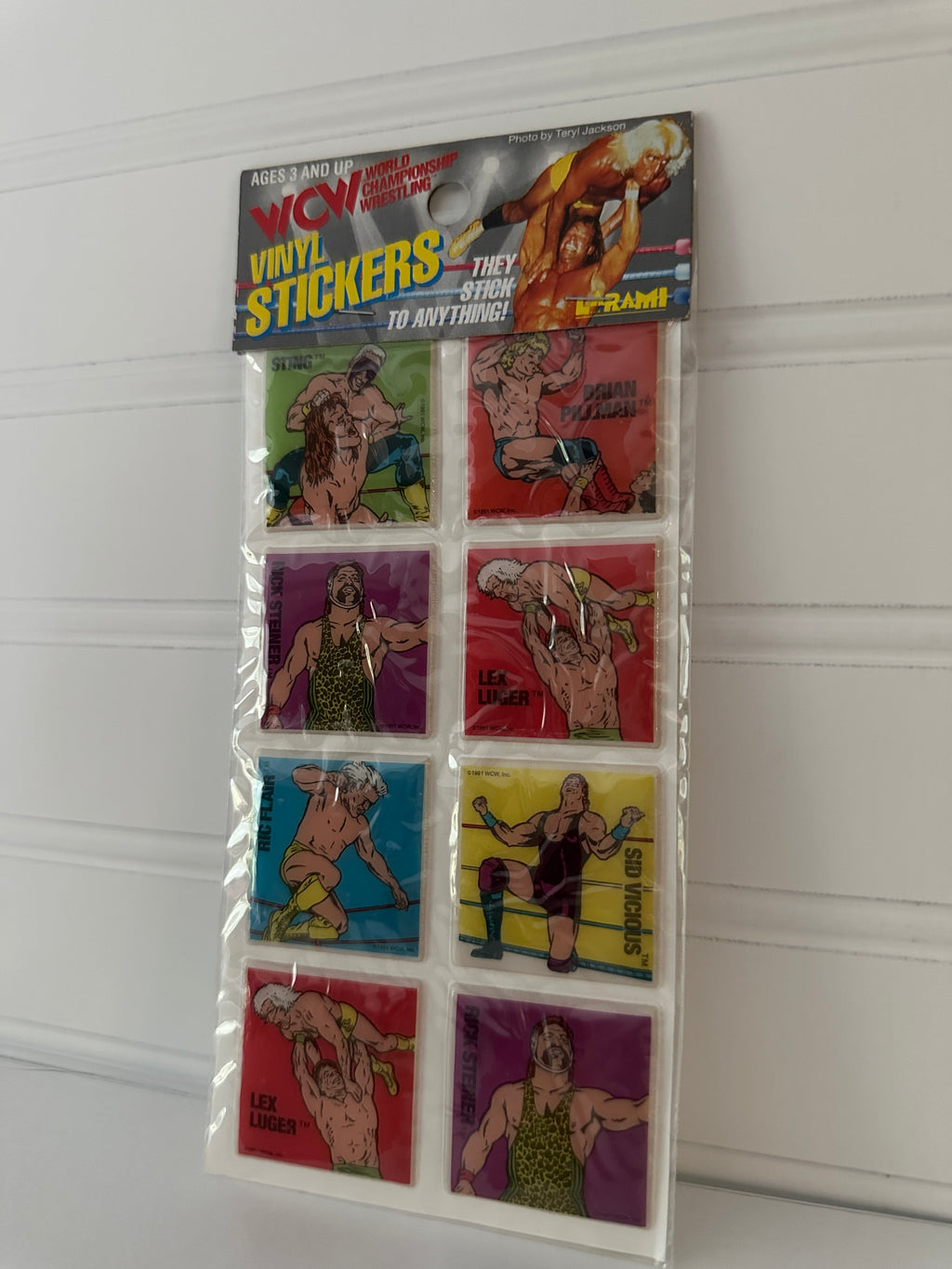 Vintage WCW Vinyl Wrestling Stickers – 8-Pack Featuring Sting, Ric Flair, Lex Luger, and More