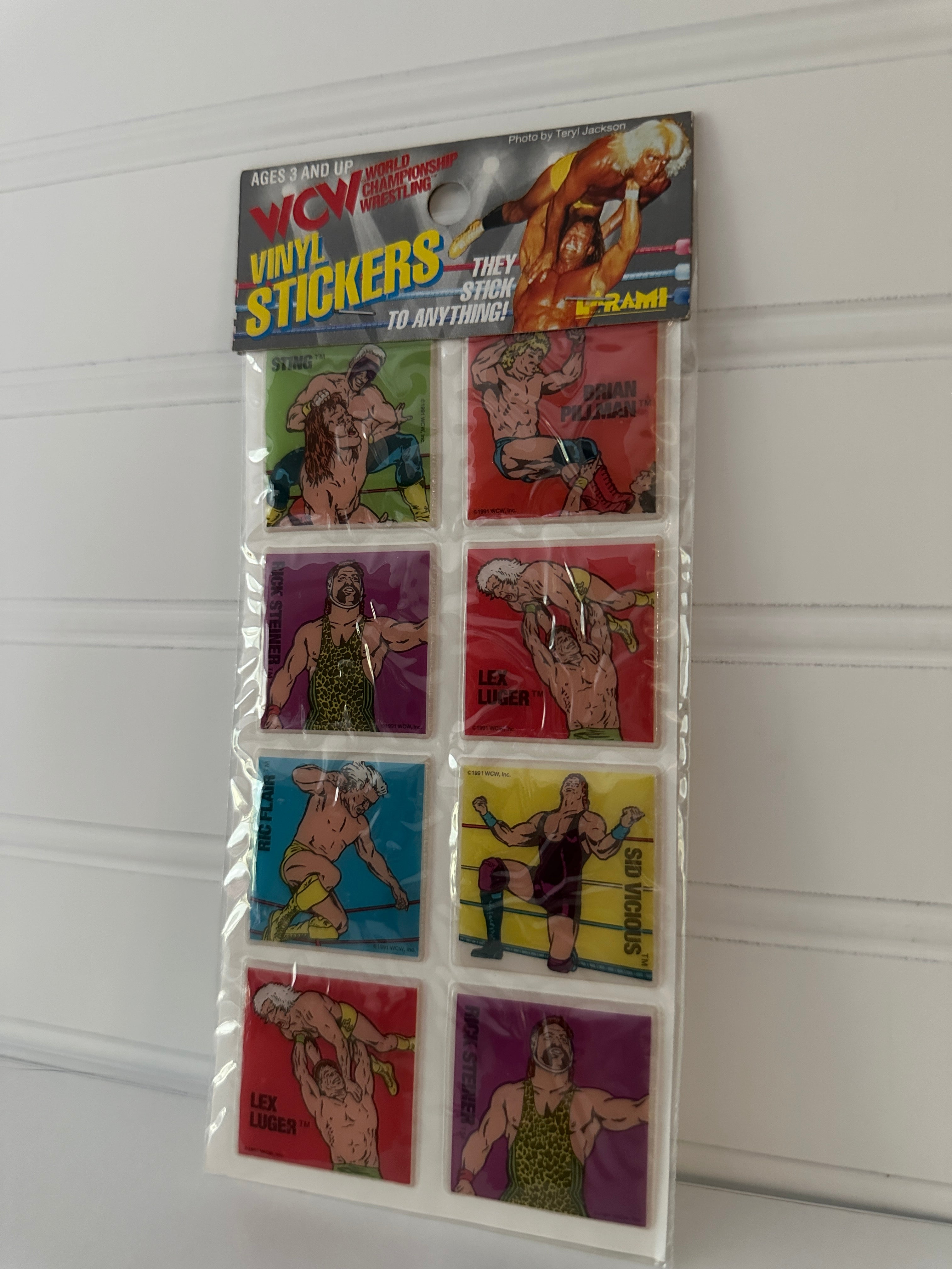 Vintage WCW Vinyl Wrestling Stickers – 8-Pack Featuring Sting, Ric Flair, Lex Luger, and More
