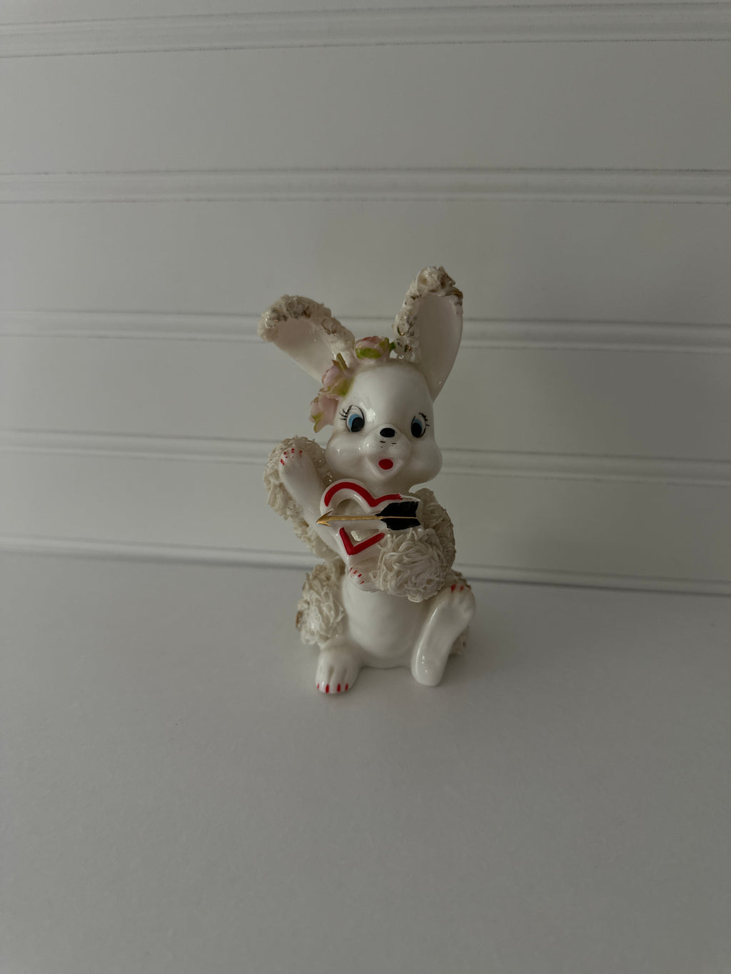 Vintage 1950's Arnart Pink Spaghetti Valentine Cupid Bunny Figurine, Japan, Kitschy, Keepsake, Collectible