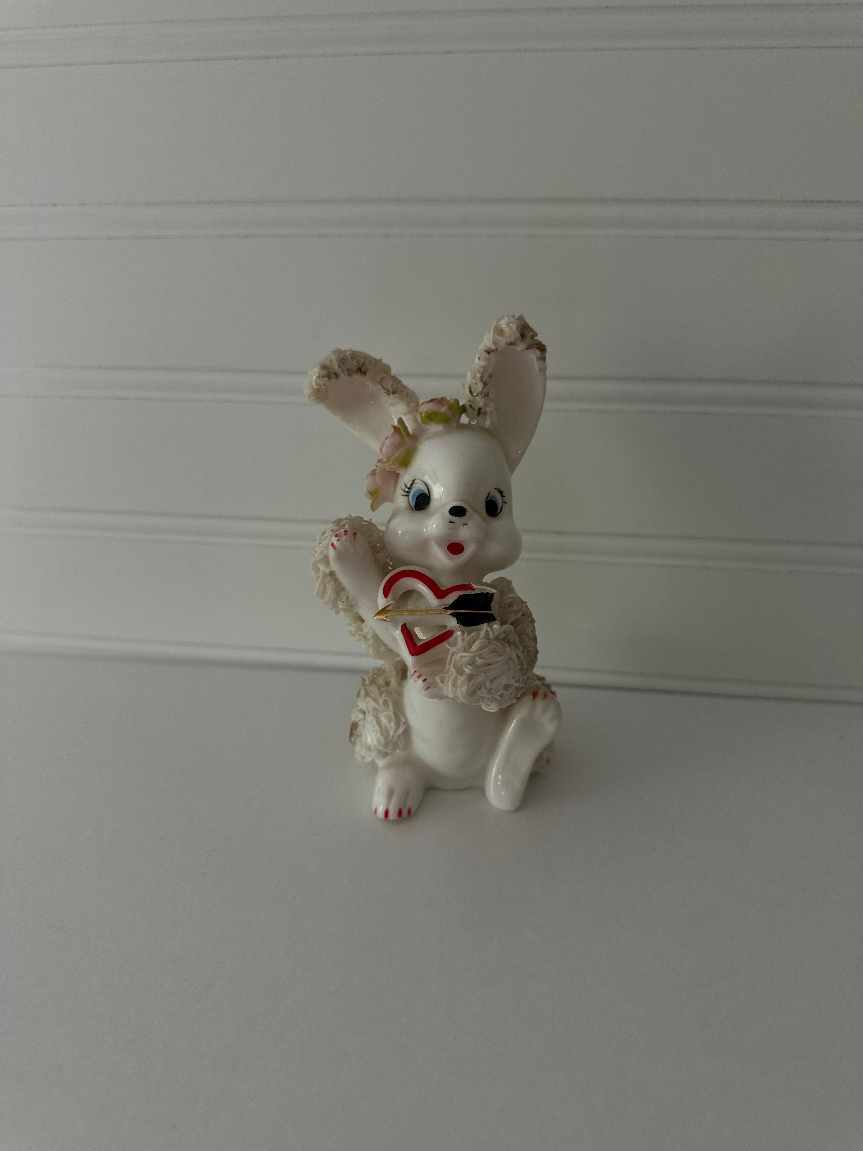 Vintage 1950's Arnart Pink Spaghetti Valentine Cupid Bunny Figurine, Japan, Kitschy, Keepsake, Collectible