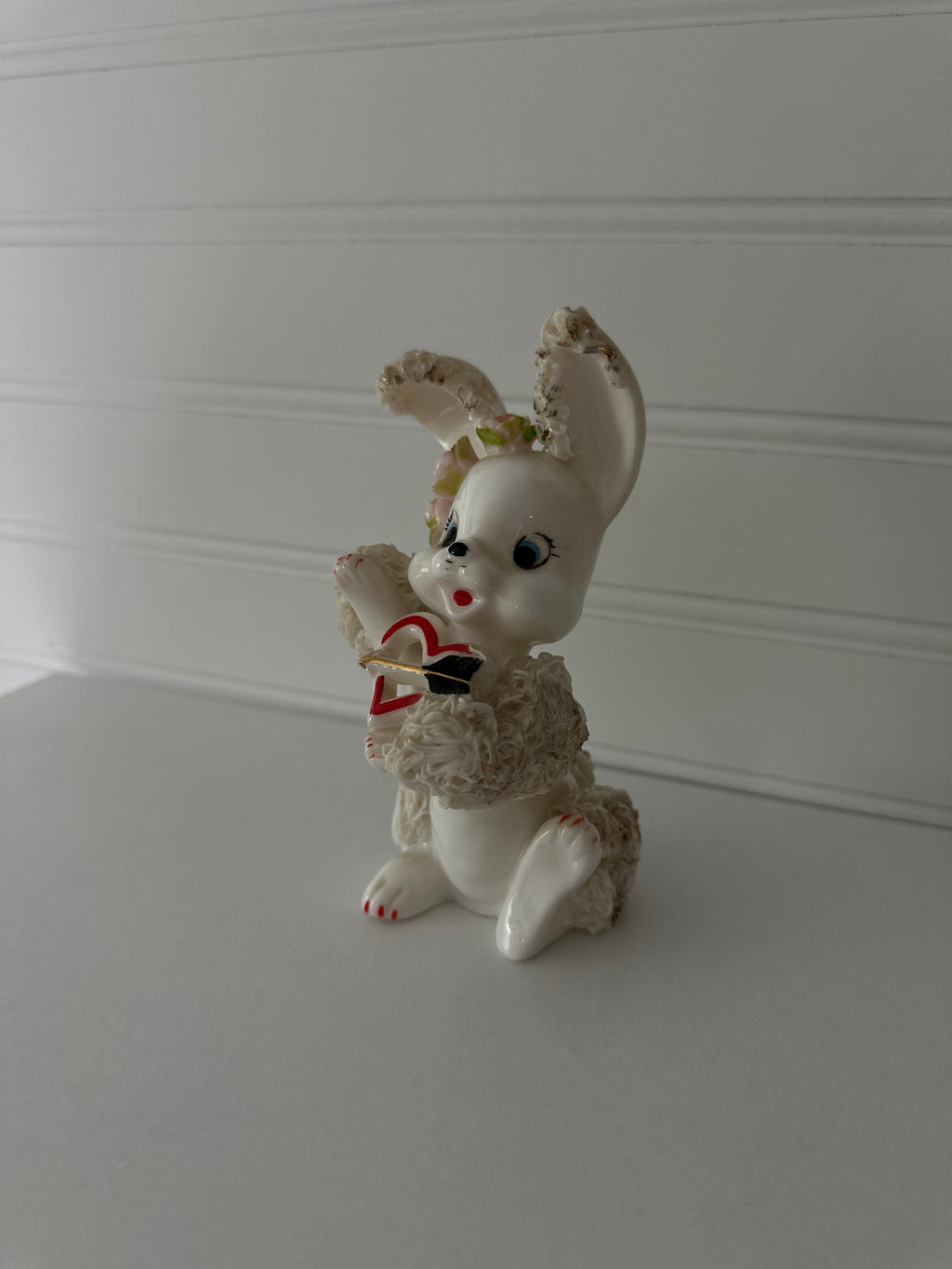 Vintage 1950's Arnart Pink Spaghetti Valentine Cupid Bunny Figurine, Japan, Kitschy, Keepsake, Collectible