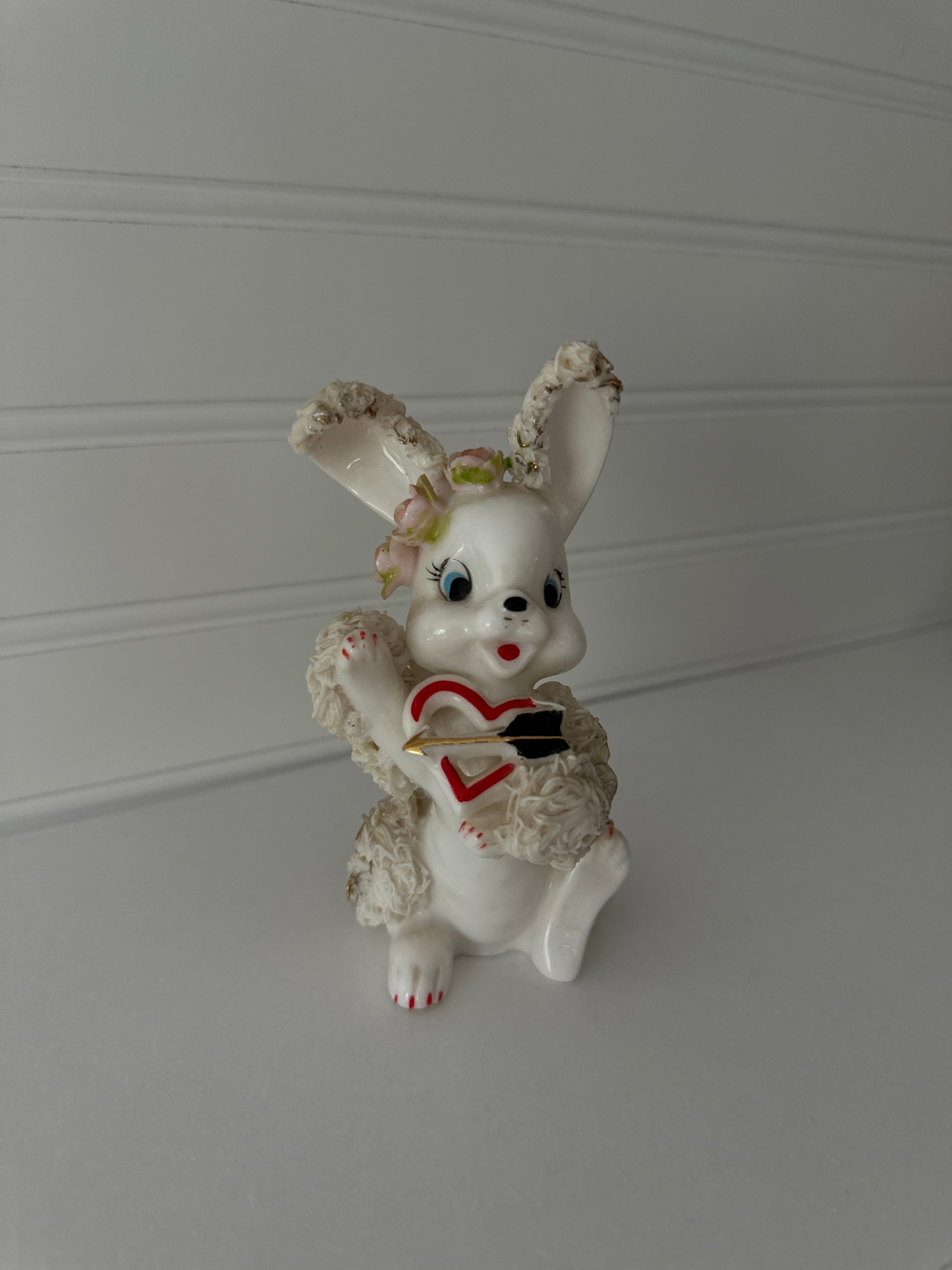 Vintage 1950's Arnart Pink Spaghetti Valentine Cupid Bunny Figurine, Japan, Kitschy, Keepsake, Collectible